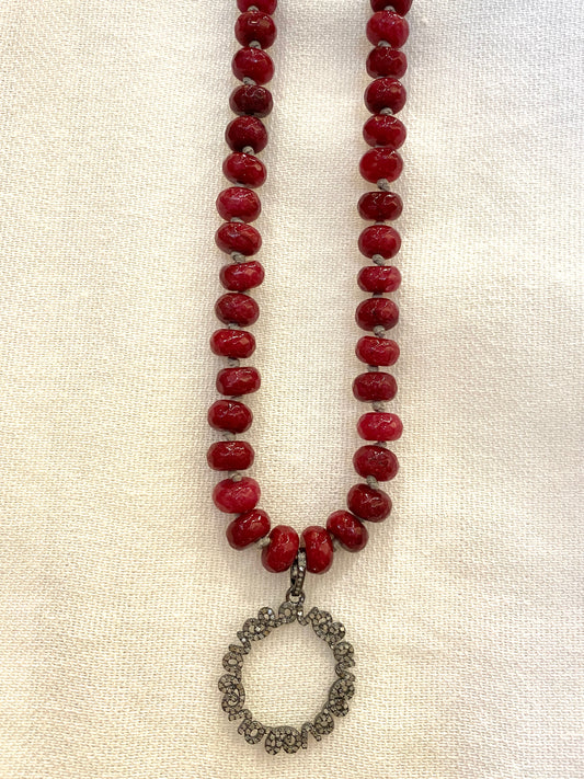 Hand Knotted Garnet Necklace With Diamond Love Pendant