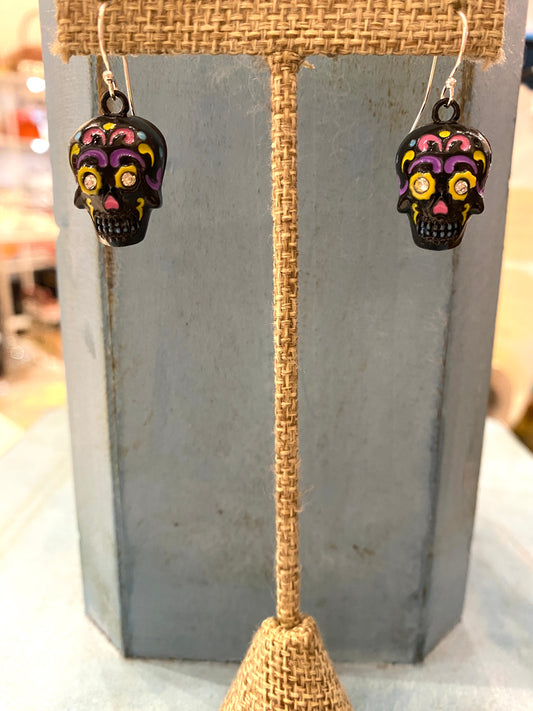 Black Sugar Skull Earrings on Sterling Silver Earring Wire