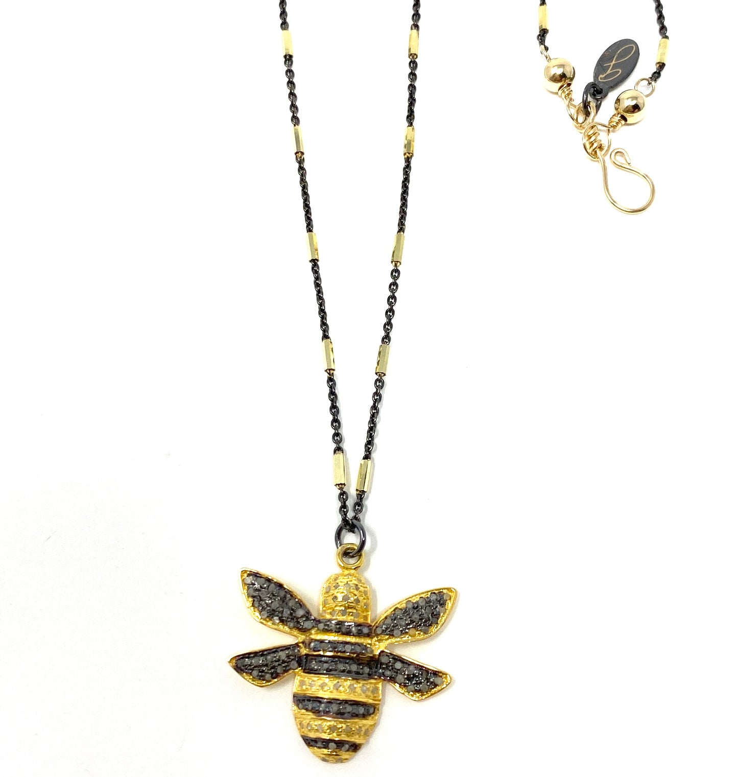Diamond Two Tone Bee Necklace on Oxidized and Gold Chain