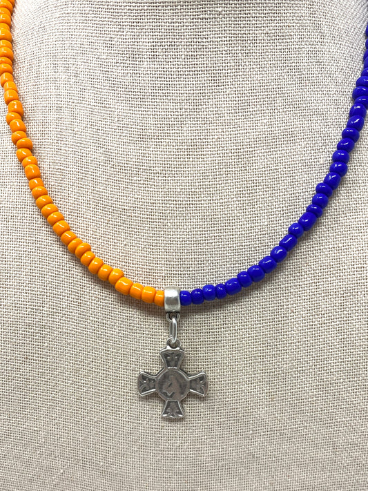 Orange and Blue Seed Bead Necklace With Pewter Cross Milagro Pendant