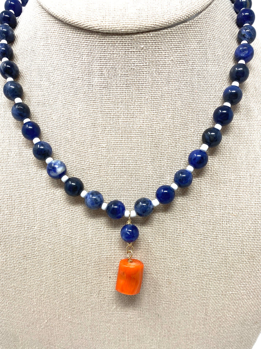 Lapis Beaded Necklace With Orange Coral Drop