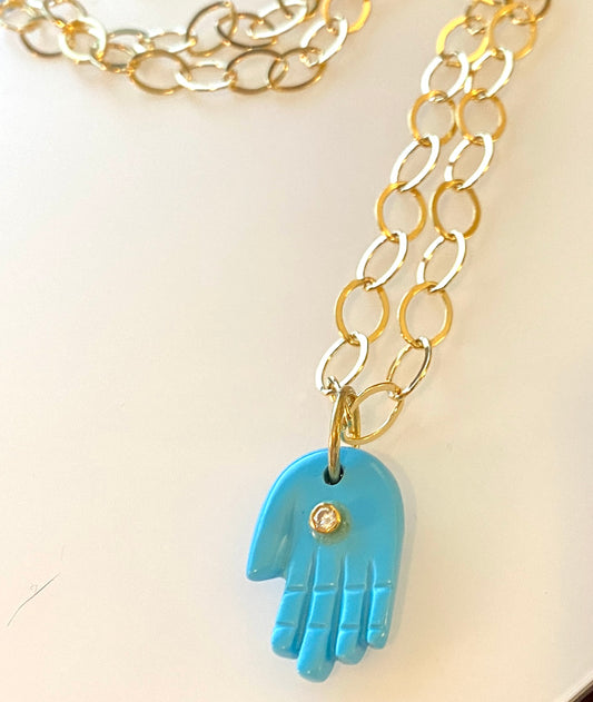 Turquoise Blue Enamel Hamsa Pendant With Diamond on Gold Filled Chain Necklace