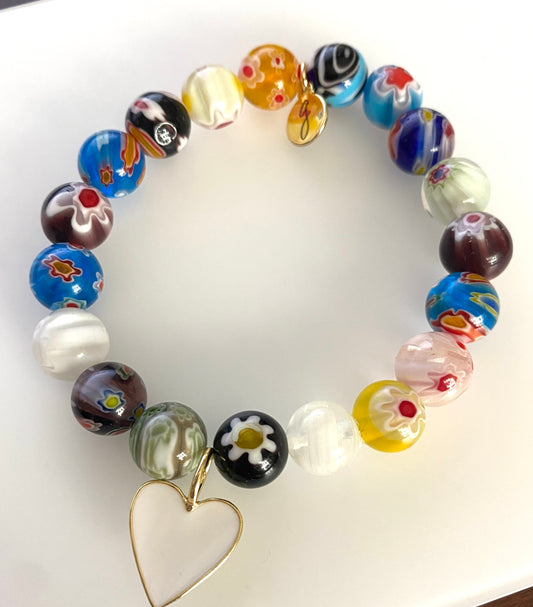 Millefiori 10mm Beaded Elastic Bracelet With White Enamel Heart Charm