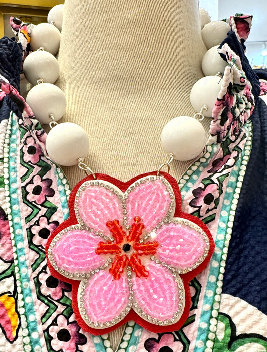 Chunky Gumball Necklace with Seed Bead Flower Pendant