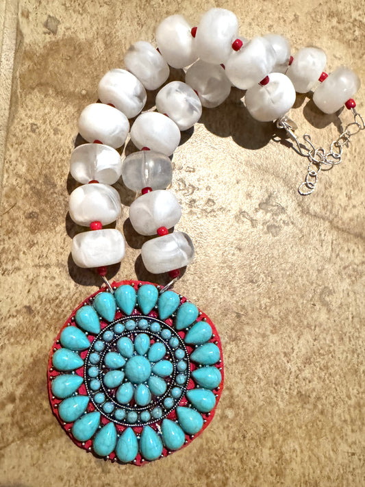 Opaque Resin Beads with Turquoise Disc Necklace