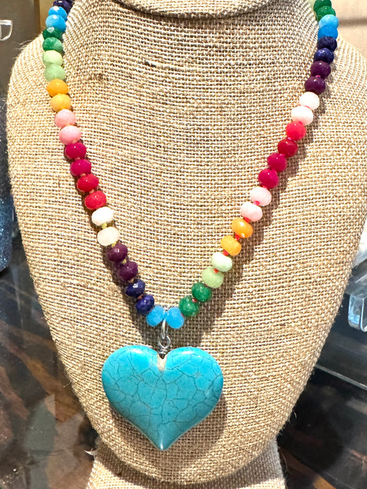 Rainbow Handknotted Necklace with Heart Pendant