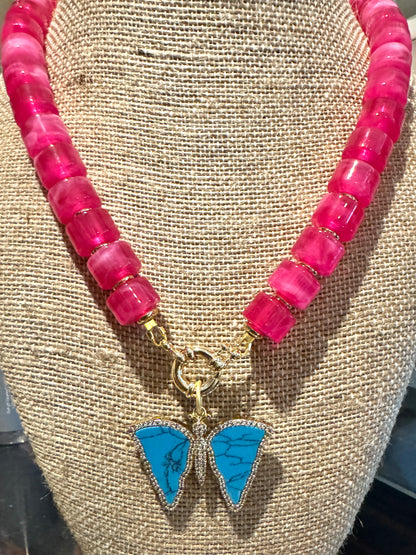 Raspberry Resin Necklace with Butterfly Pendant