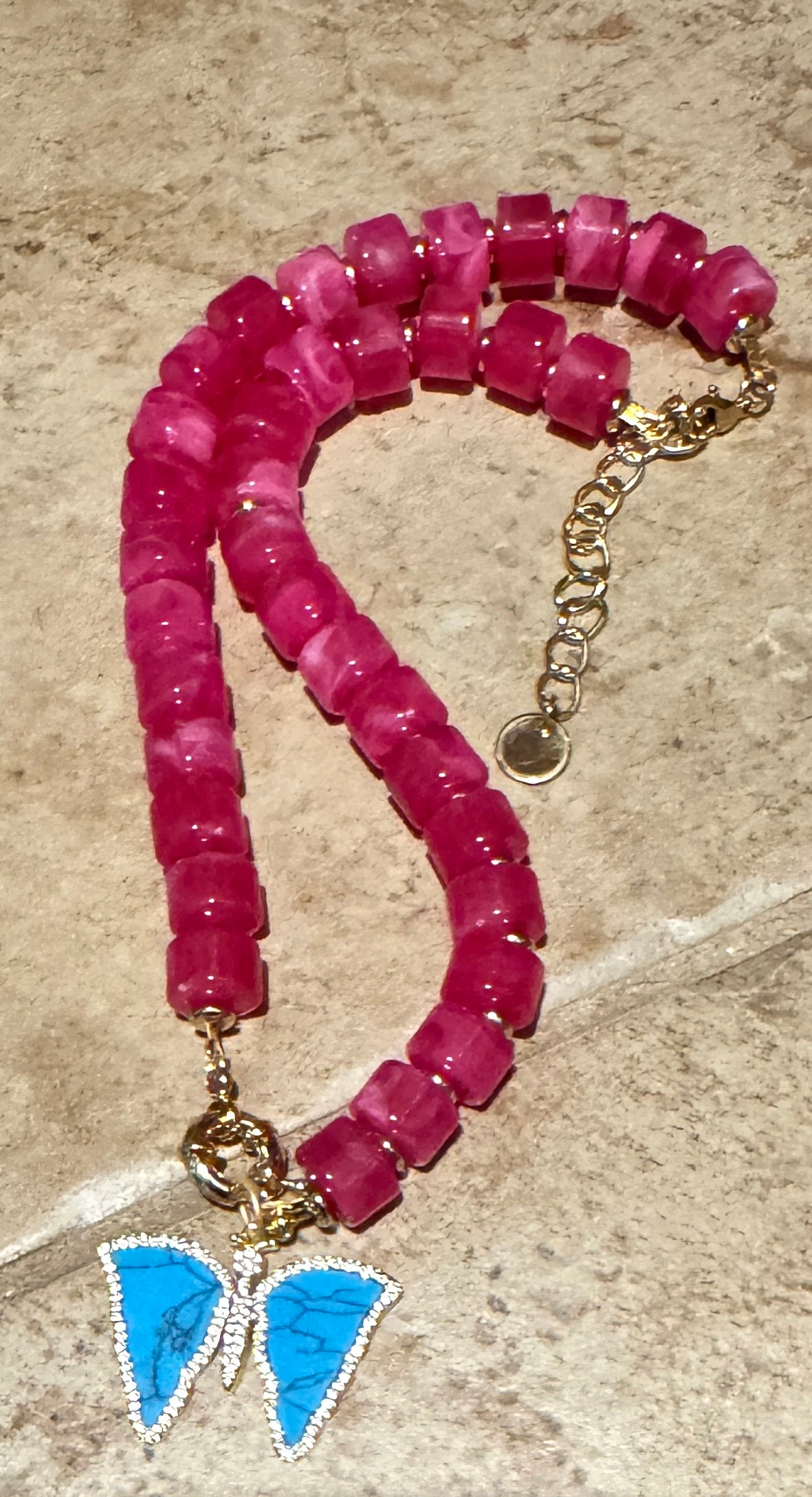 Raspberry Resin Necklace with Butterfly Pendant