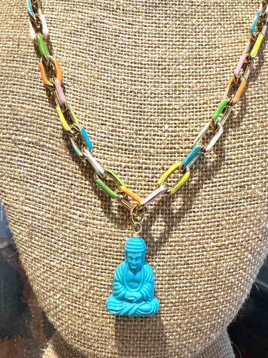 Pastel Enamel with Blue Buddha Necklace