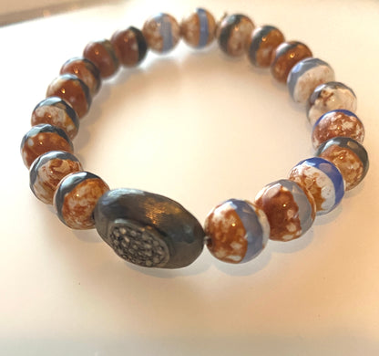 Burnt Orange and Denim Blue Agate Elastic Bracelets With Diamond Charms