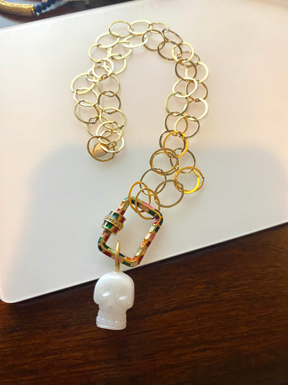 Gold Filled Round Chain With Enamel and Diamond Carabiner and White Agate Sugar Skull