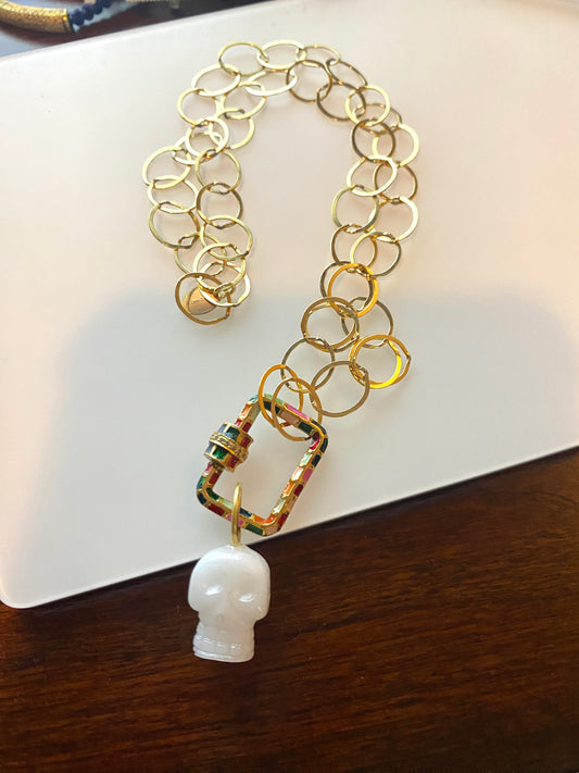 Gold Filled Round Chain With Enamel and Diamond Carabiner and White Agate Sugar Skull