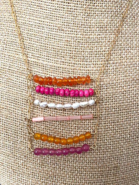 Gold Filled Chain Necklace With Six Bars of Pink and Orange Gemstones