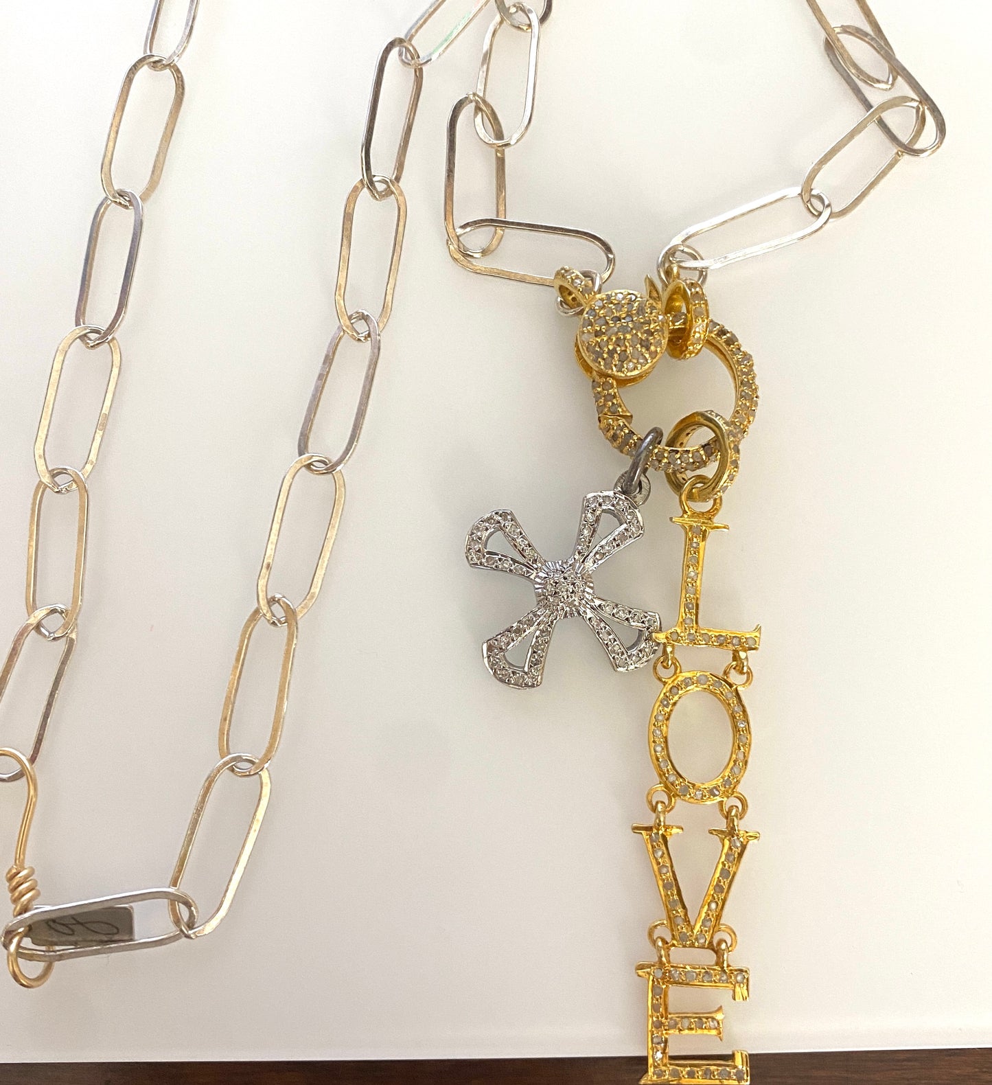 Sterling Silver Paperclip Chain Necklace With Gold Diamond Lobster Clasp With Diamond "LOVE" and Cross Pendants