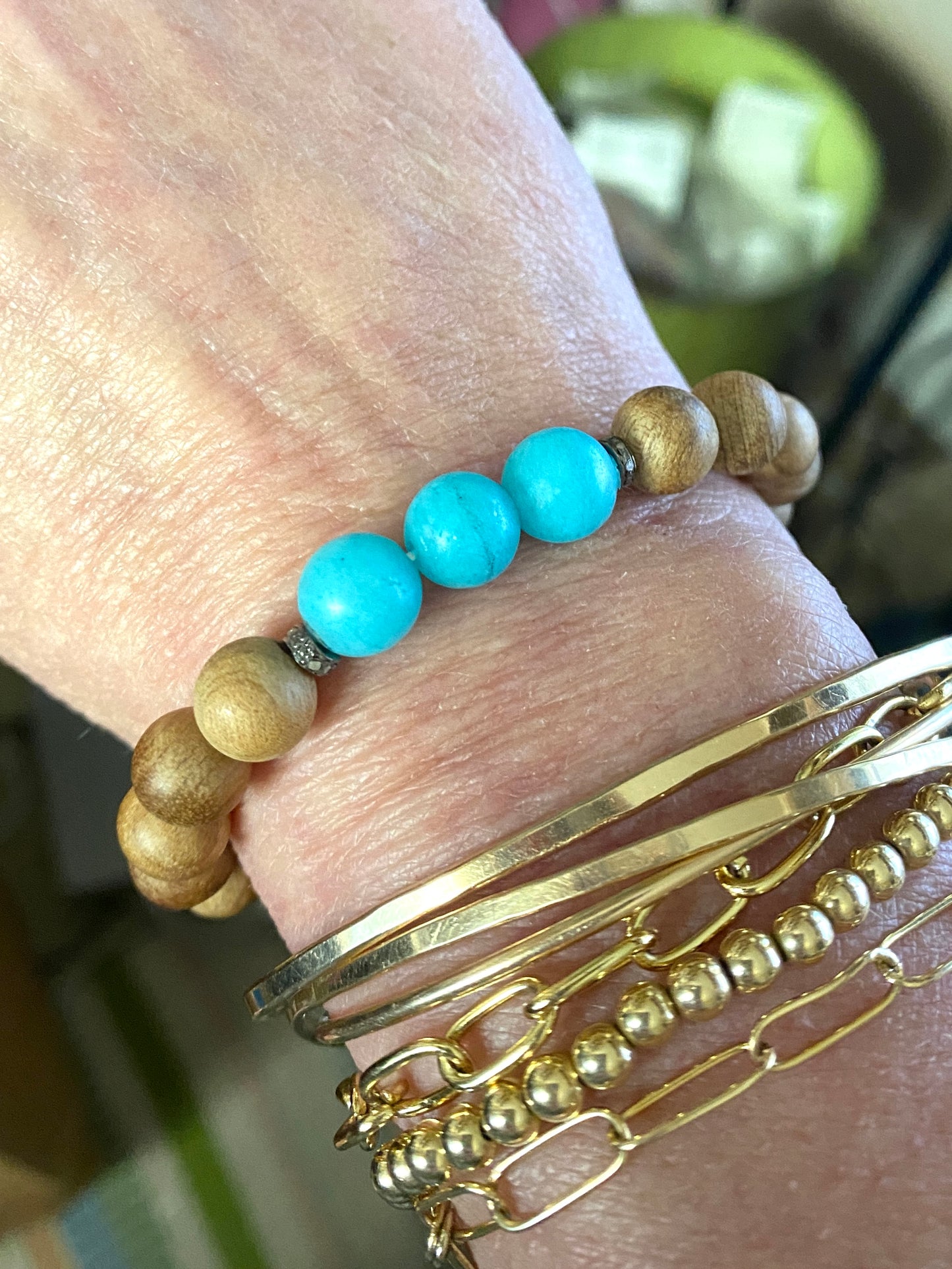 Brown Wooden Elastic Bracelet With Three Blue Jade Beads With Diamond Spacers