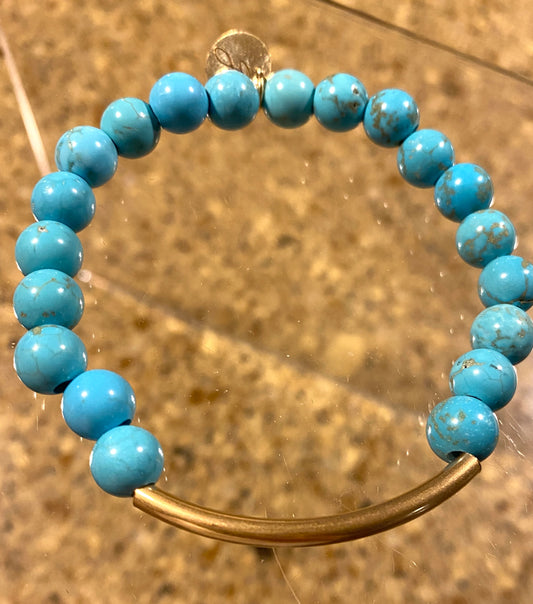 Turquoise Beaded Elastic Bracelet With Gold Filled Curved Tube