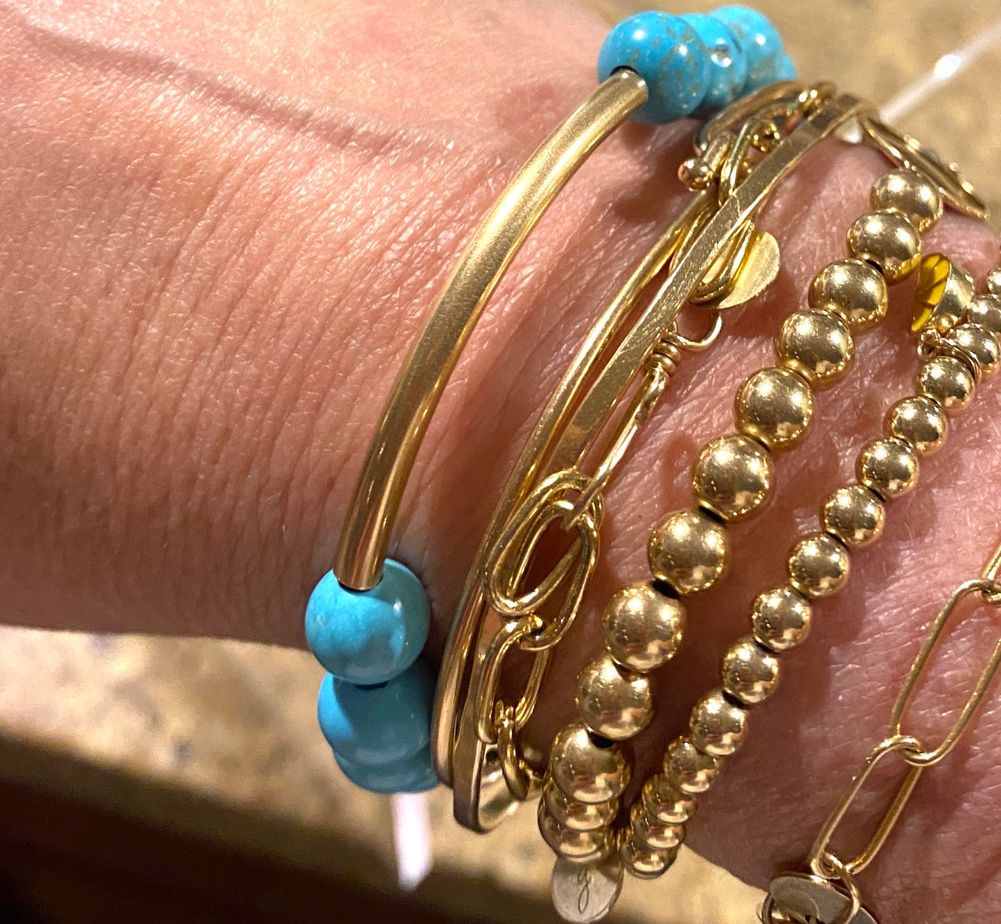 Turquoise Beaded Elastic Bracelet With Gold Filled Curved Tube