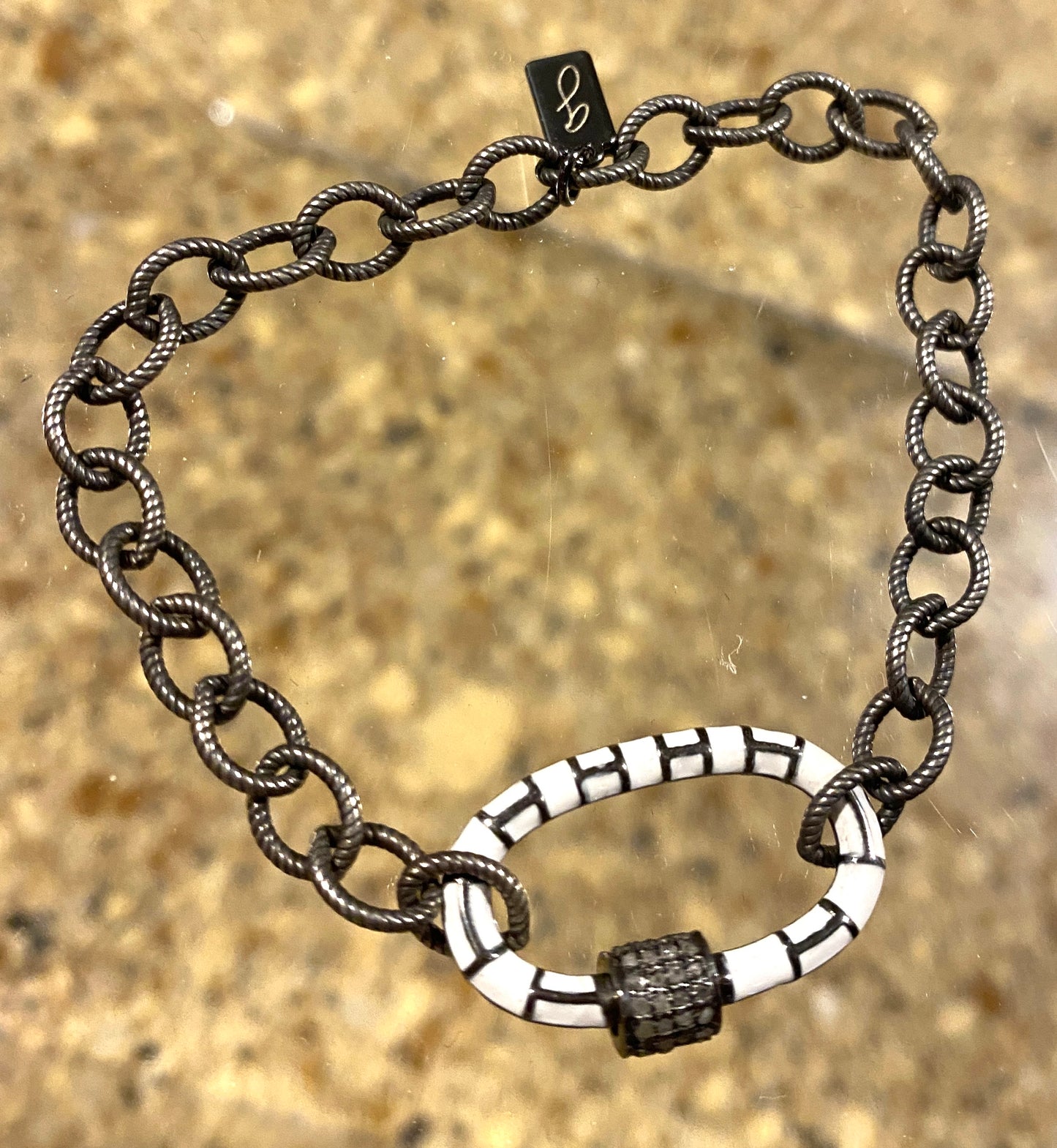 Oxidized Link Bracelet With Enamel and Diamond Carabiner