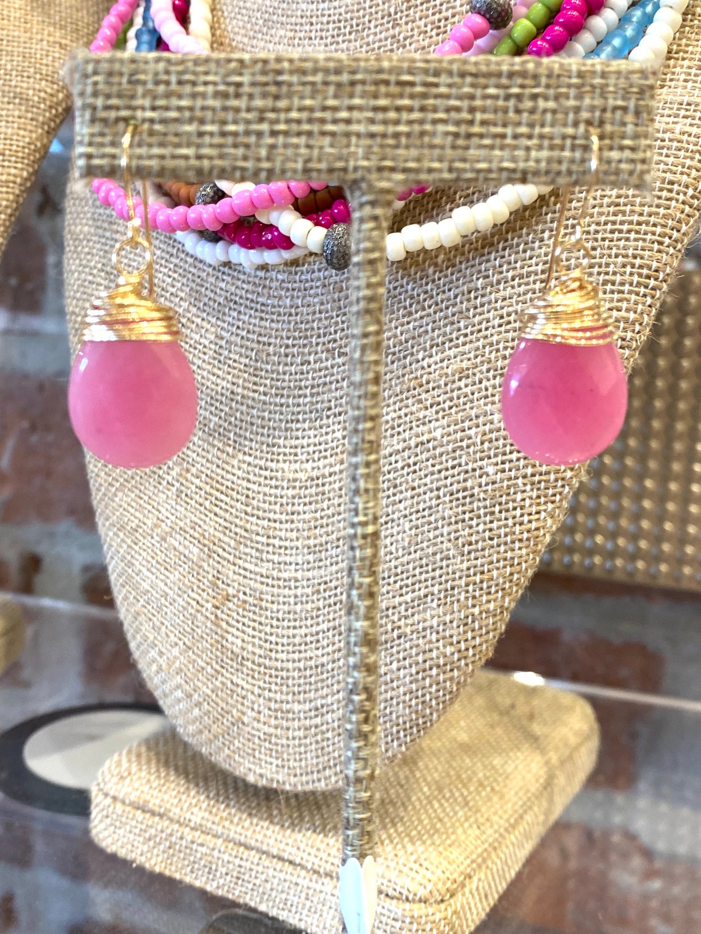 Hot Pink Faceted Jade Earrings Wire Wrapped With Gold Filled Wire