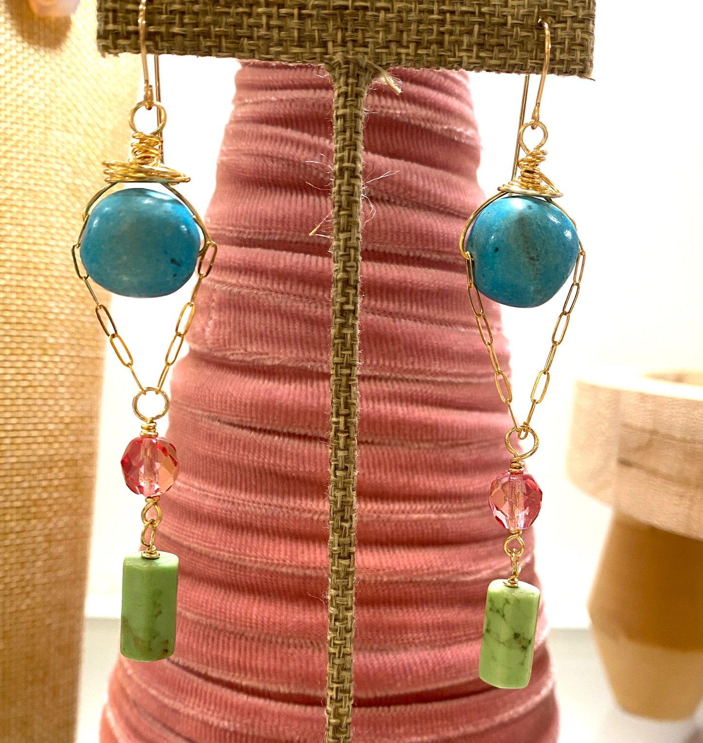 Turquoise, Jade and Pink Crystal Danglie Earrings on Gold Filled Wire