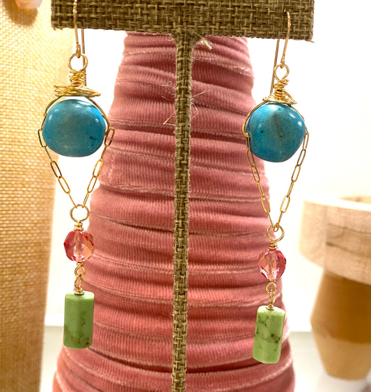 Turquoise, Jade and Pink Crystal Danglie Earrings on Gold Filled Wire