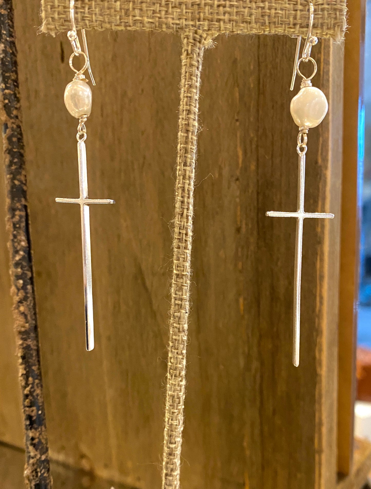 Long Silver Cross Earrings With Freshwater Pearl