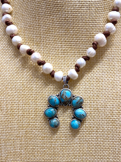 Freshwater Pearl Necklace on Leather Knotted Cord With Medium Turquoise Squash Blossom