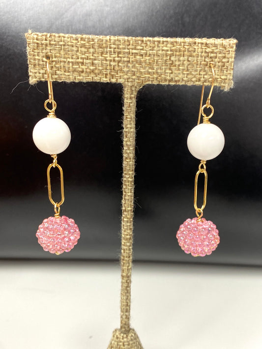 Bubble Pink and White Beaded Earrings With Gold Filled Wire