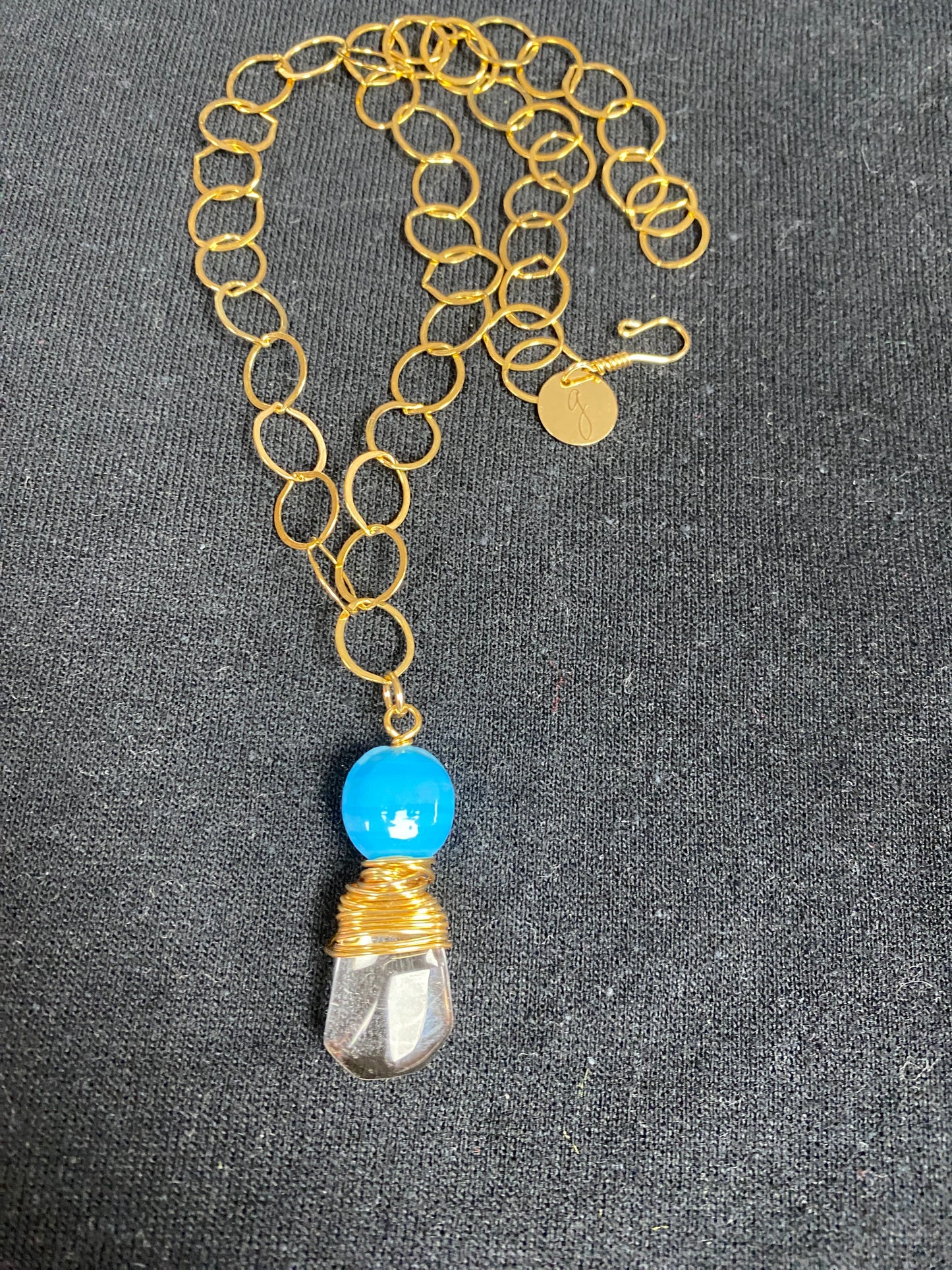 Gold Filled Link With Glass Drop and Gold Filled Wire Wrapped Necklace