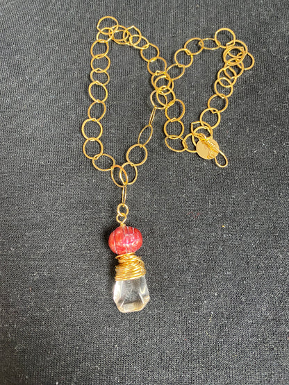 Gold Filled Link With Glass Drop and Gold Filled Wire Wrapped Necklace