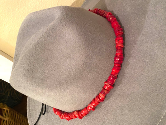 Red Coral Adjustable Beaded Hat Band on Black Leather Tie