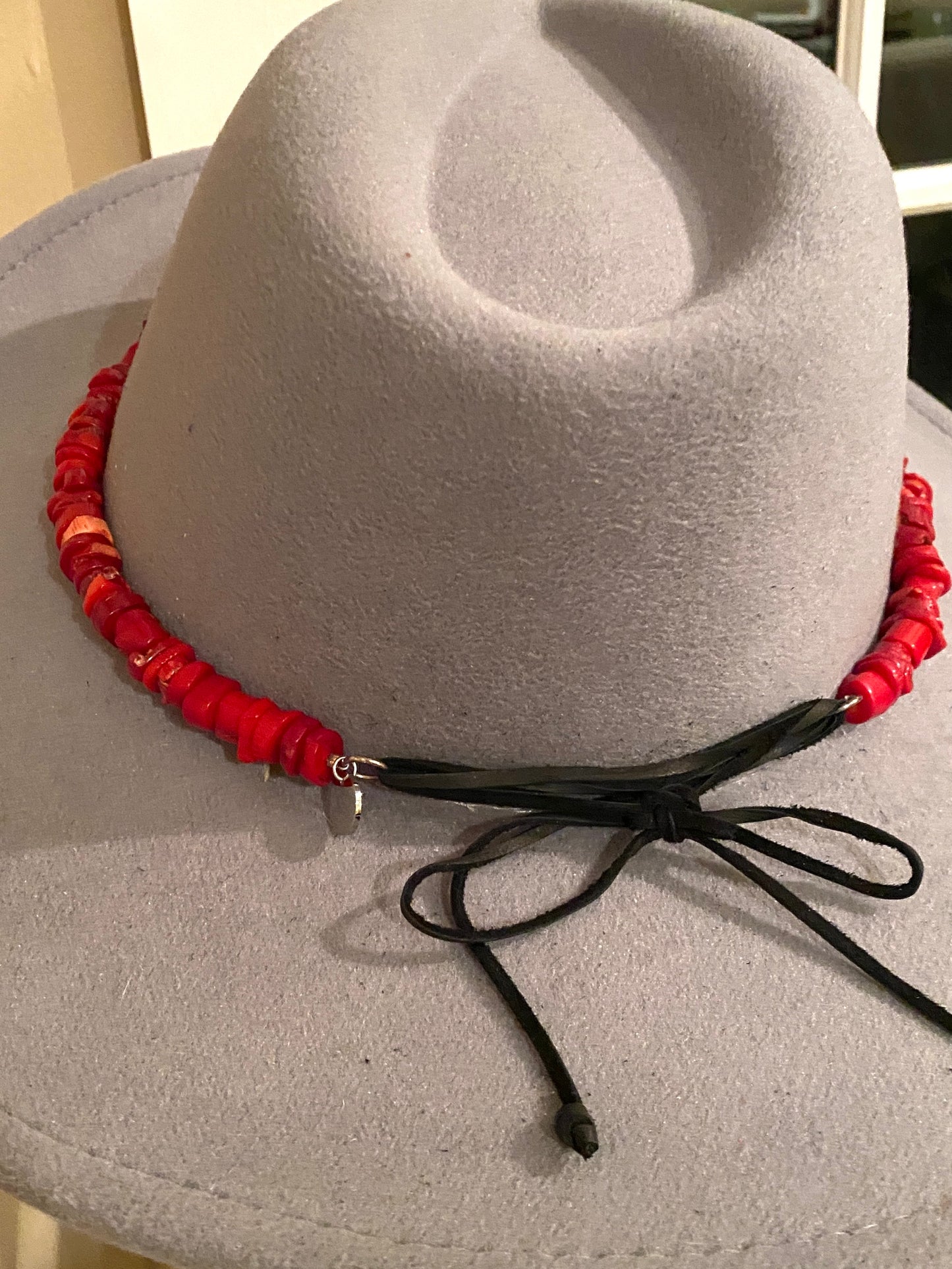 Red Coral Adjustable Beaded Hat Band on Black Leather Tie