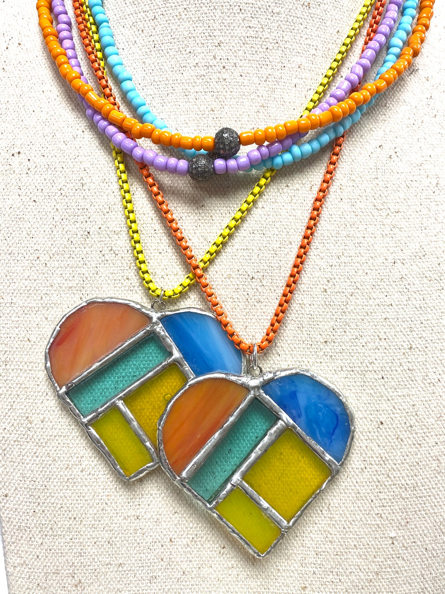 Stained Glass Soldered Heart Pendant on Enamel Box Chain