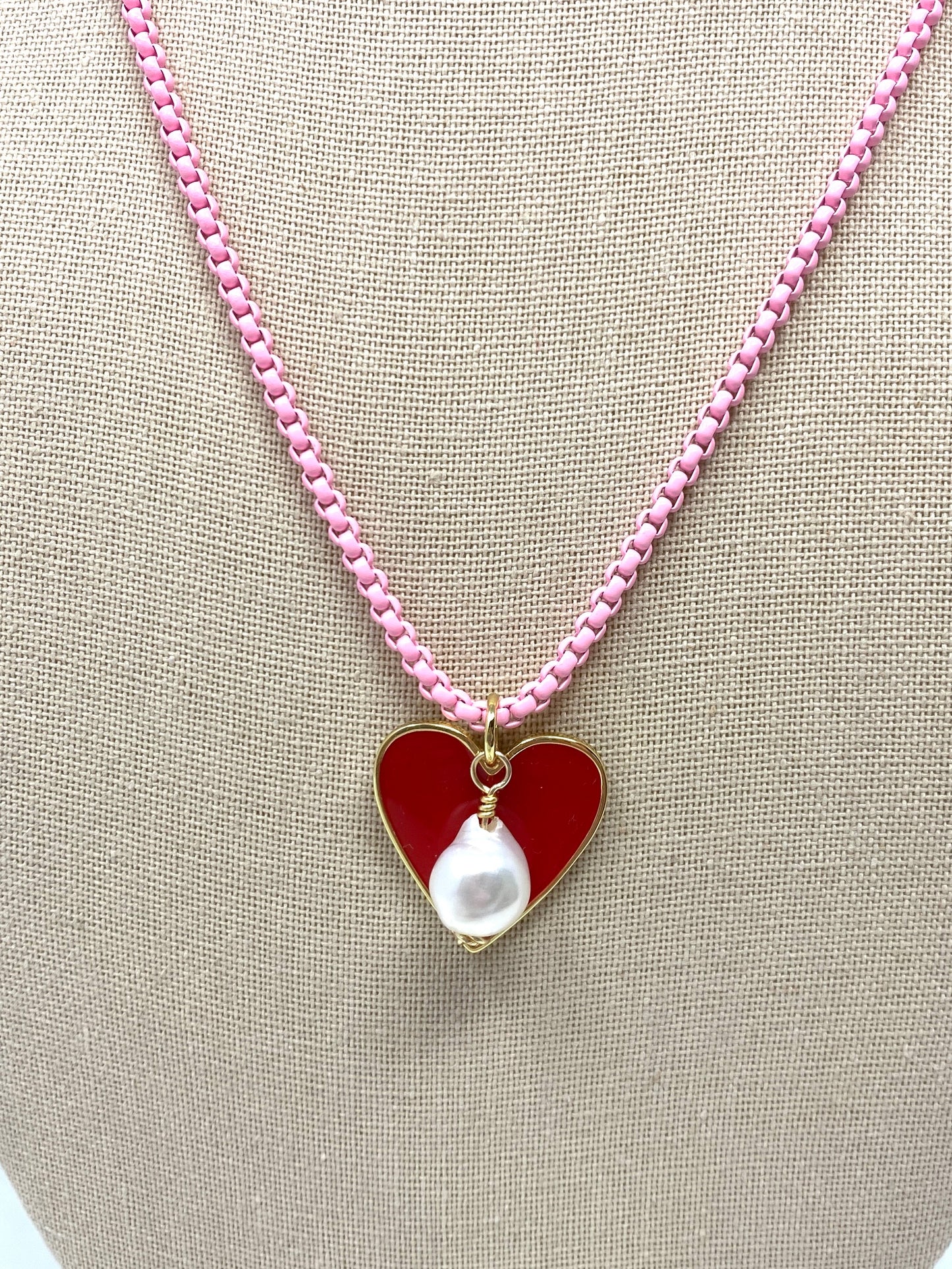 Bubble Gum Pink Enamel Chain With Red Enamel Heart Pendant and Freshwater Pearl Drop