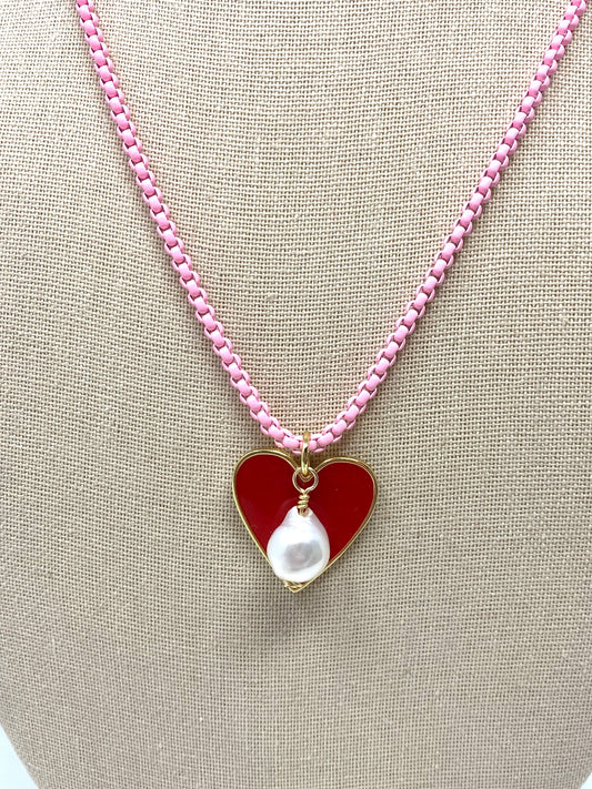 Red Heart Pendant and Pearl on Pink Chain Necklace