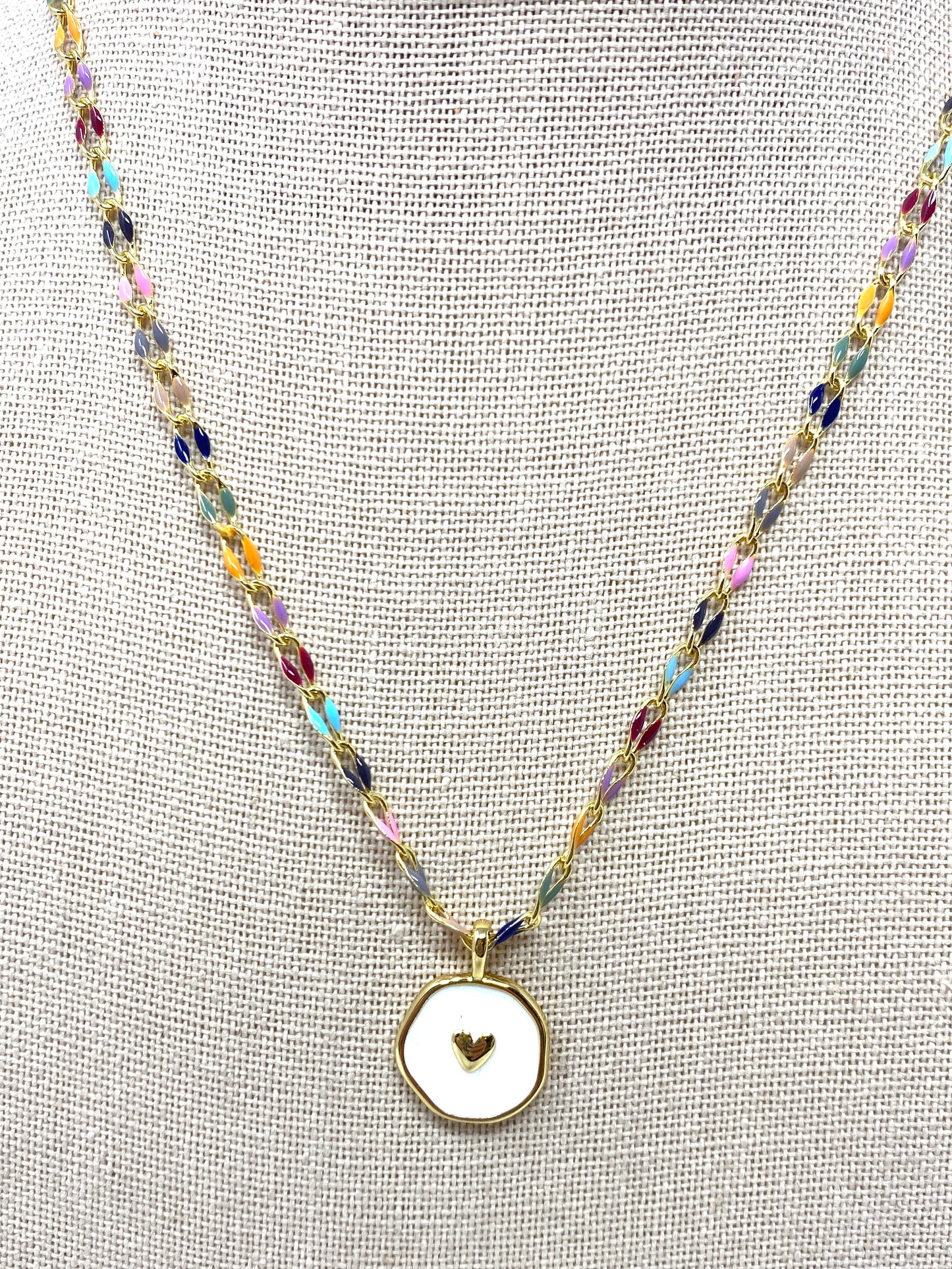 Eras Inspired Enamel Chain Necklace With White Enamel Heart Pendant