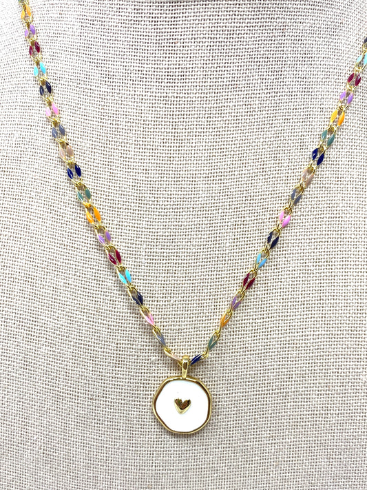 Eras Inspired Enamel Chain Necklace With White Enamel Heart Pendant