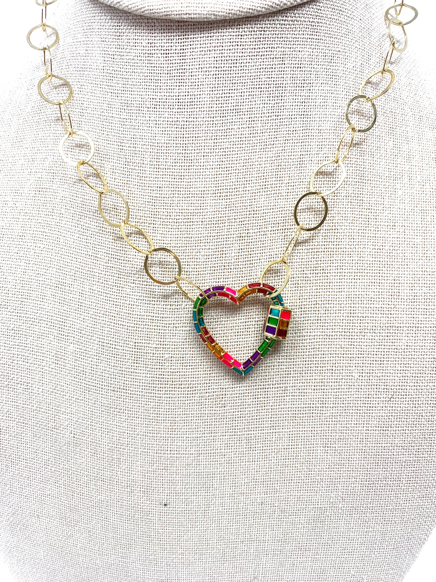 Gold Filled Chain Necklace With Multicolor Enamel Heart Carabiner