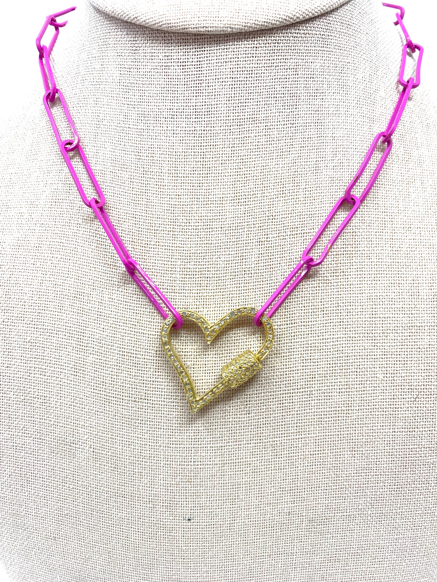 Fuschia Enamel Paper Clip Chain Necklace With Diamond Heart Carabiner