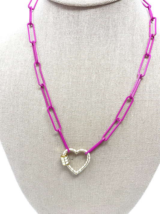 Fushcia Enamel Paperclip Chain Necklace With White Enamel Heart Carabiner