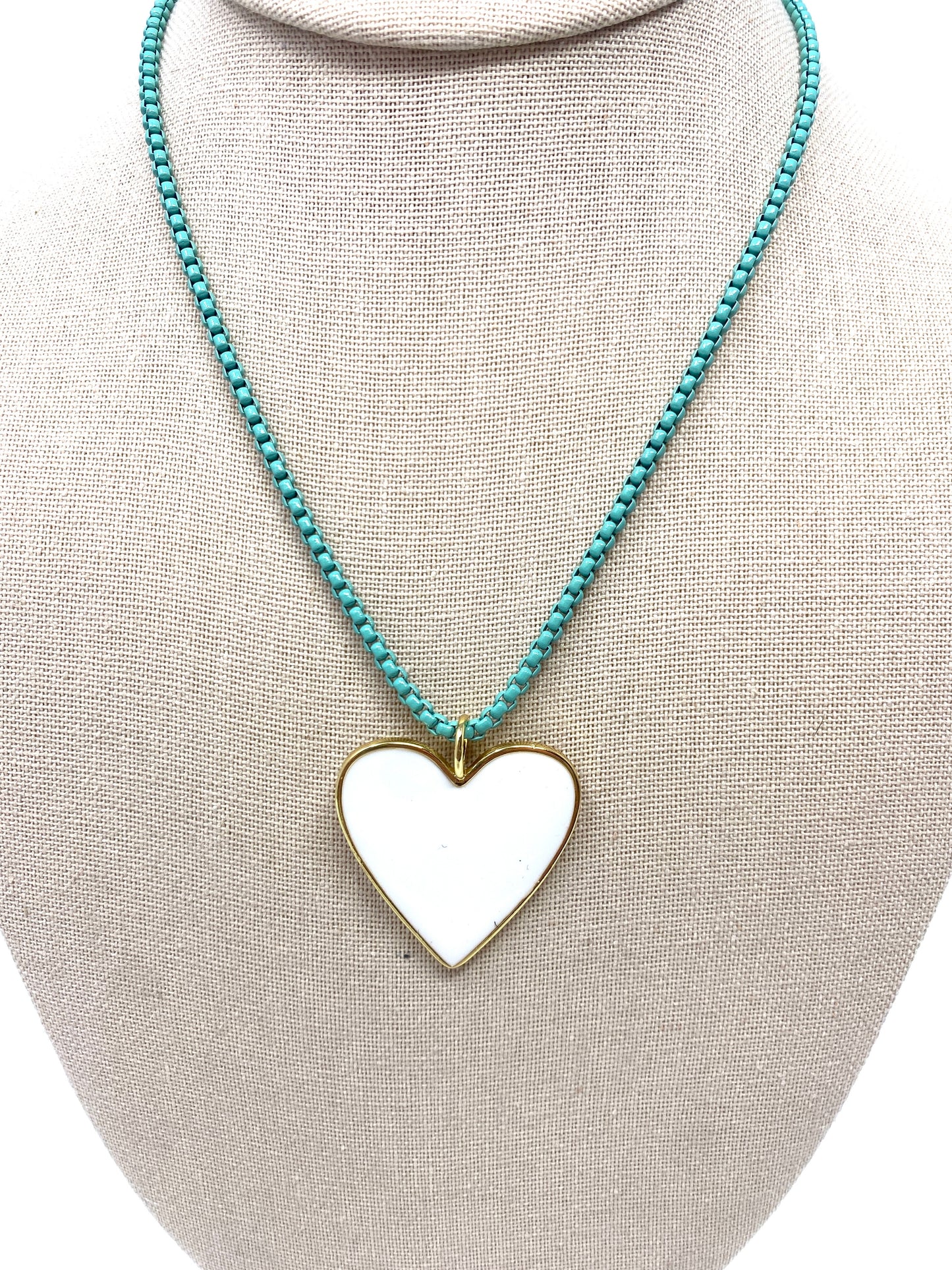 Green Turquoise Enamel Box Chain Necklace With Large White Enamel Heart Pendant