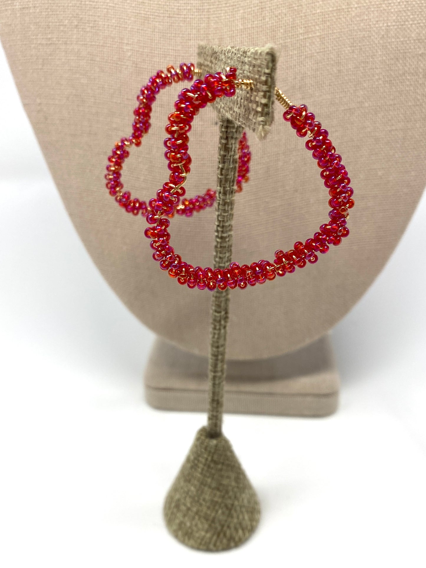 Pinkish Red Seed Bead Wire Wrapped on Heart Shaped Gold Filled Earring