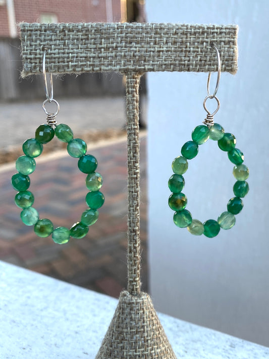 Dark Green Jade Beaded Hoop Earrings