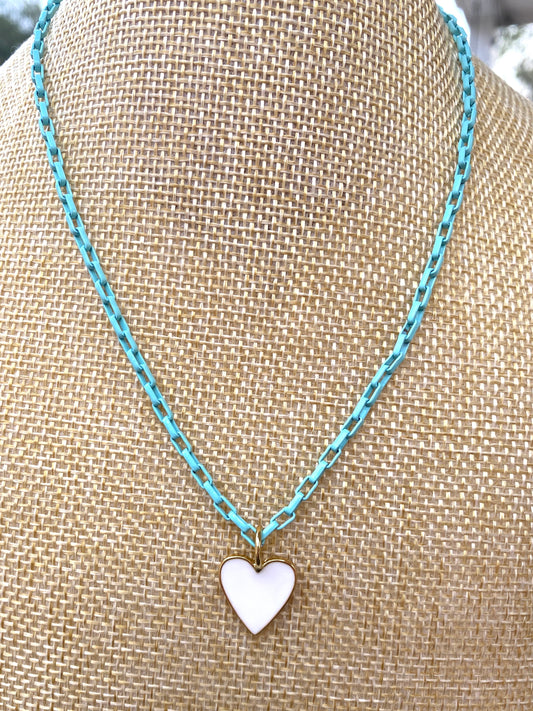 Tiffany Blue Enamel Mini Paper Clip Chain Necklace With Small White Enamel Heart Pendant