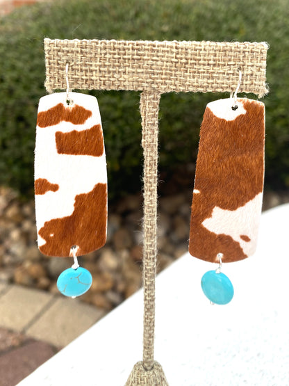 Brown and White Cowhide Earrings With Turquoise Dangle