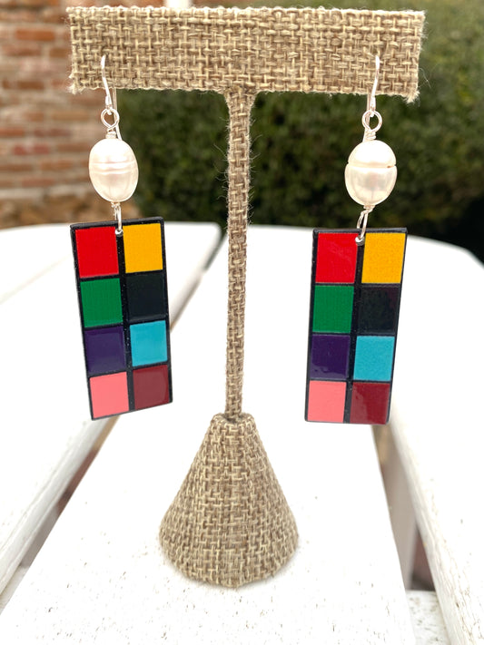 Funky Geometric Rectangular and Freshwater Pearl Earrings