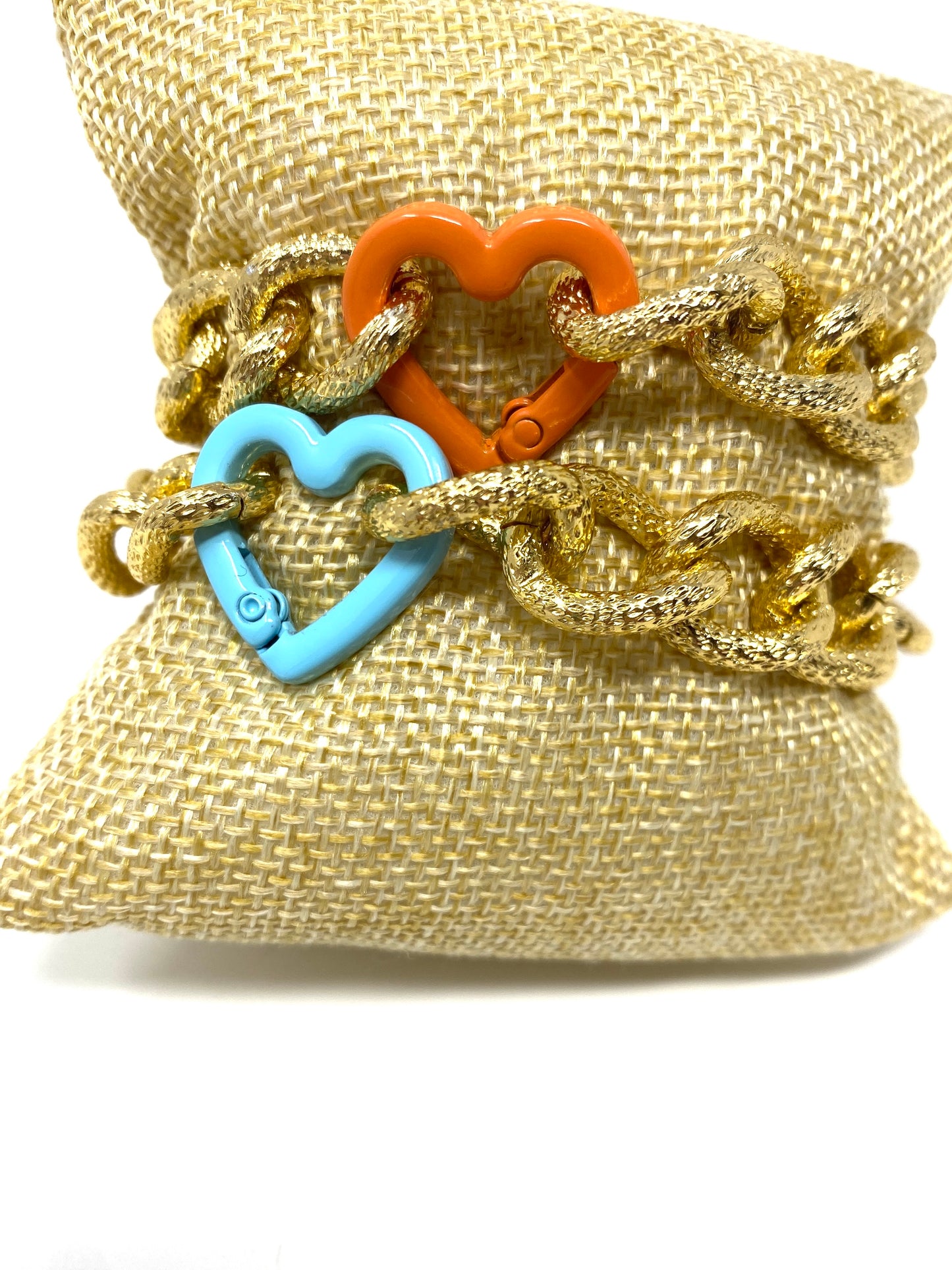 Chunky Gold Metal Bracelets With Enamel Heart Shaped Carabiners