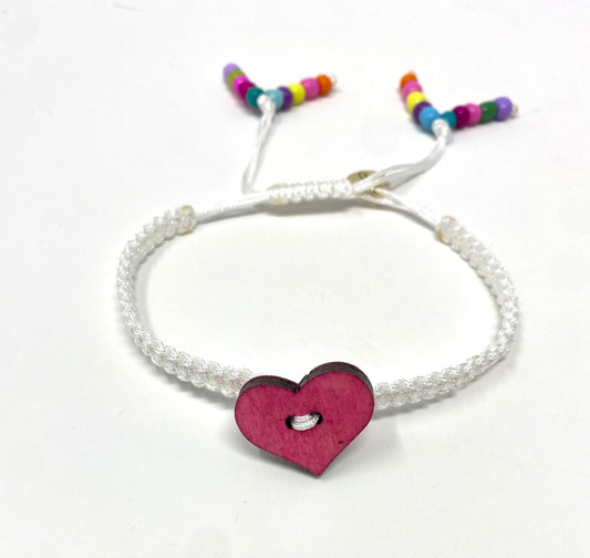 White Macrame Adjustable Bracelet With Pink Heart Connector