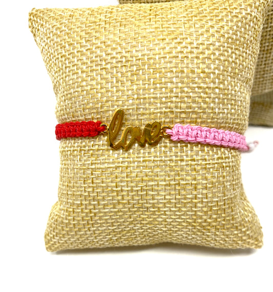 Pink and Red Macrame Adjustable Bracelet With Gold "Love" Connector