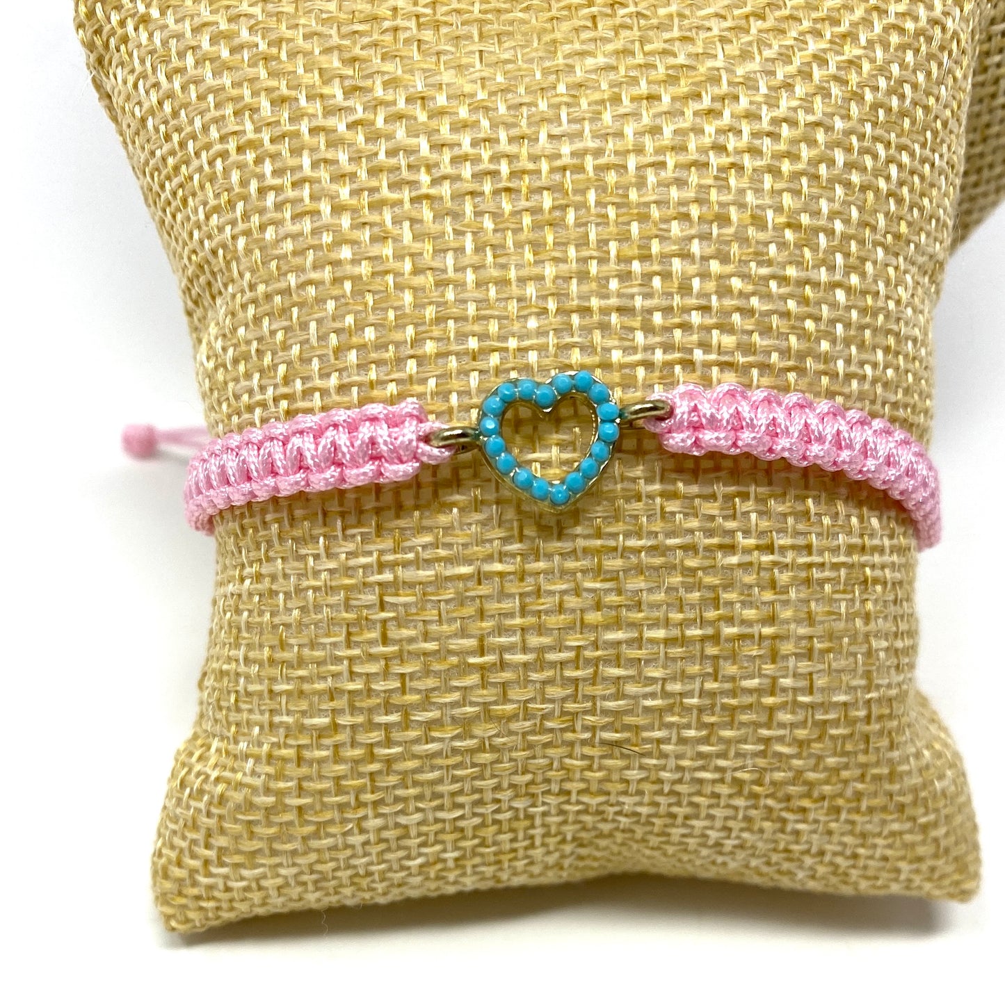 Pink Macrame Adjustable Bracelet With Turquoise Heart Connector